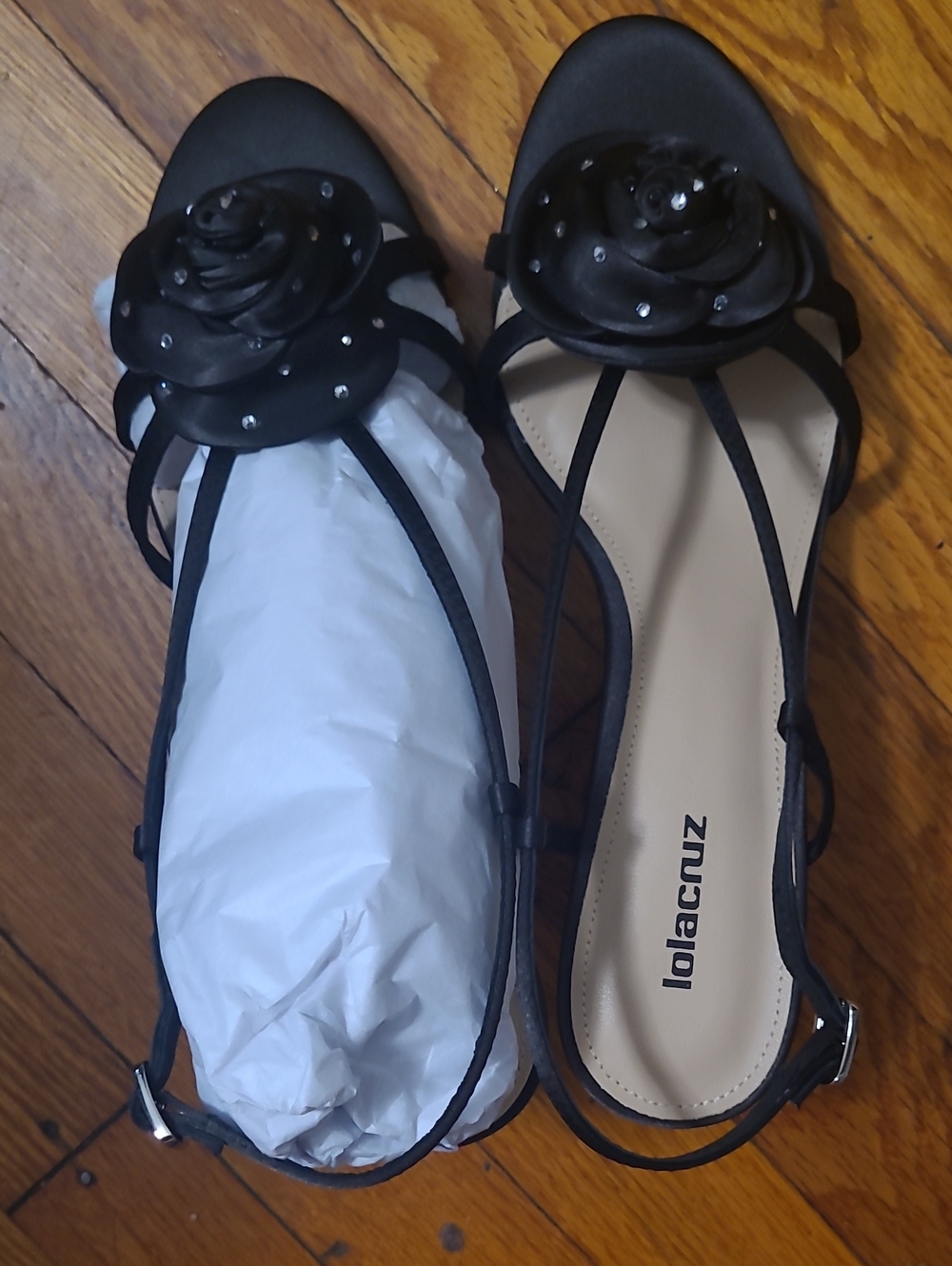 Lolacruz Black Floral Slingback Flats with Rhinestone Accents